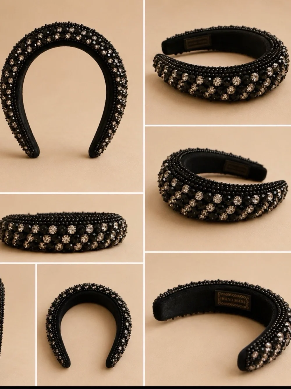 Handmade Black Beaded Headband with Clear Crystal Accents